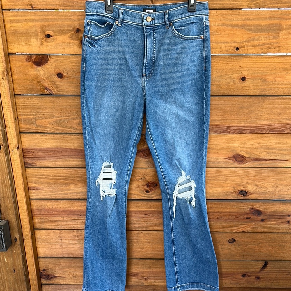 Express high rise boot Blue Distressed knees Jeans 12 long
